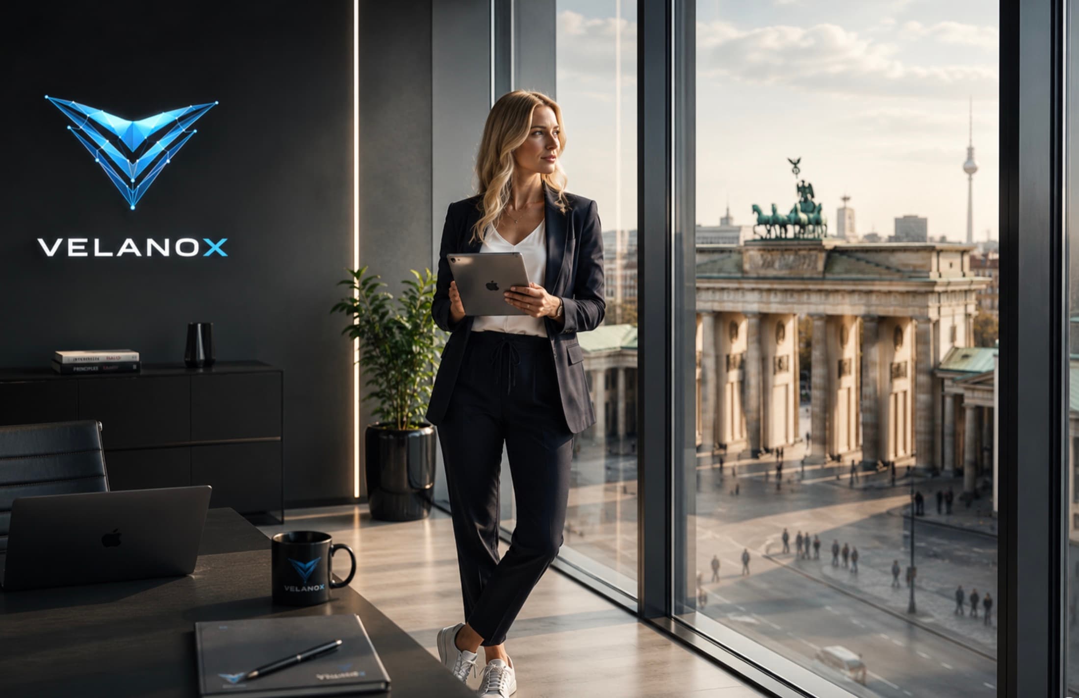 Unternehmerin mit Tablet im VELANOX-Büro mit Blick über Berlin
